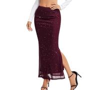 Burgundy Stretchy High Waisted Mesh Slit Maxi Skirts Women's Sequin Skirt for Christmas Night Out New Years Eve Outfits Wrap A-line Casual Long Burgundy M