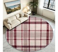 Burgundy Tartan Plaid Round Rug 150 cm, Country Check Washable Carpet | Classic American Gingham Circle Mat, Non-Slip Rubber Base, Rich Warm Tone Area Rug for Fireplace & Living Room Sofa