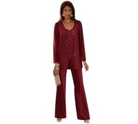 Burgundy Trouser Suits for Women UK Chiffon Mother of The Bride Dresses 3 Pieces Sequins Wedding Outfit for Older Ladies Size 20