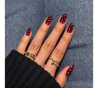 Burgundy White Polka Dot Almond Press On Nails - Reusable Soft False Nails Kit with Multiple Sizes, Easy Application for Secure Salon Manicure Look, Glossy Medium Length Fashion Tips