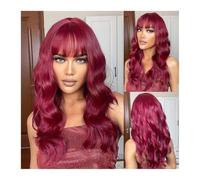 Burgundy Wine Red Long Curly Synthetic Wigs with Bangs Mid-Length Cosplay Wave Wig for Women Afro Natural Heat Resistant Hair Daily Use