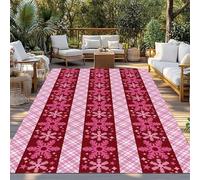Burgundy Winter Christmas Snowflake Outdoor Rug 4x6ft, Non-Slip Patio Carpet, Washable Pink Striped Area Rug for Deck, Living Room, Entryway, Backyard, Camping