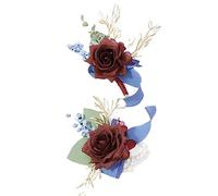 Burgundy Wrist Corsage Boutonniere Rose Flower Set Royal Blue Ribbon for Wedding Bride Bridesmaid Groom Groomsmen Parents Lapel Pocket Flower for Prom Homecoming Formal Dinner Father Daughter Dance