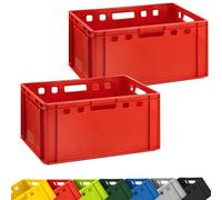 BURI Meat Crates (2) - E3 Red Euro Box, Food Safe, Robust, Stackable, HDPE Plastic, 60 x 40 x 30 cm, 3 kg Tare Weight, Butcher Crate, Box for Storage and Transport