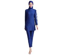 Burkini Swimsuits for Women Muslim Swimwear 3 Pieces Full Cover Long Sleeve Swimming Top Hijab Pants Modest Swimsuit Solid Color Islamic Swimming Costume Plus Size Beachwear Navy Blue+Flower S