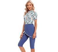 Burkini Swimsuits for Women Muslim Swimwear Top Pants Hijab Rash Guard 3 Pieces Full Cover Swimming Costume UV Protection Bathing Suit Middle East Modest Swimsuit Beachwear Blue Flower Short XL