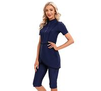 Burkini Swimsuits for Women Muslim Swimwear Top Pants Hijab Rash Guard 3 Pieces Full Cover Swimming Costume UV Protection Bathing Suit Middle East Modest Swimsuit Beachwear Navy Blue Short L