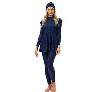 Burkini Swimwear for Ladies UK Muslim Swimming Costume Women Long Sleeve Floral Print Built-in Bra Tops + Pants + Swimming Cap 3 Piece Full Body Modest Swimsuit Islamic UV Bathing Suit Blue M