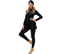 Burkini Swimwear for Ladies UK Muslim Swimming Costume Women Long Sleeve Floral Print Built-in Bra Tops + Pants + Swimming Cap 3 Piece Full Body Modest Swimsuit Islamic UV Bathing Suit Black L