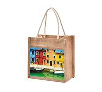 Burlap Jute Tote Bag Venice Colorful Buildings Reusable Grocery Shopping Bag Waterproof Beach Tote Bag with Canvas Side Pocket for Women Girls Bridesmaid Wedding School 25x25x18cm