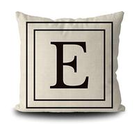Burlap Pillow Cover with Black Letter Monogram E and Stripes English Alphabet Initial Decorative Square Linen Throw Cushion Case for Bed Sofa Couch 16 x 16 Inch Pillowcase, Double Sided Print