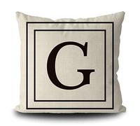 Burlap Pillow Cover with Black Letter Monogram G and Stripes English Alphabet Initial Decorative Square Linen Throw Cushion Case for Bed Sofa Couch 18 X 18 Inch Pillowcase, Double Sided Print