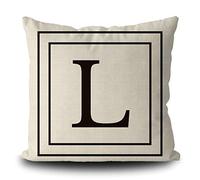Burlap Pillow Cover with Black Letter Monogram L and Stripes English Alphabet Initial Decorative Square Linen Throw Cushion Case for Bed Sofa Couch 18 X 18 Inch Pillowcase, Double Sided Print