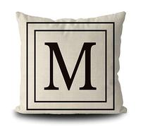 Burlap Pillow Cover with Black Letter Monogram M and Stripes English Alphabet Initial Decorative Square Linen Throw Cushion Case for Bed Sofa Couch 16 x 16 Inch Pillowcase, Double Sided Print