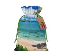 Burlap Santa Sack with Tags, Green Christmas Ribbon Holiday Gift Wrap Bag Reusable Drawstring Christmas Gift Bag Tropical Palm Tree Hawaii Beach Gift Wrapping Bags Personalized Xmas Sacks for Presents