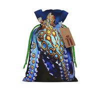 Burlap Santa Sack with Tags, Green Christmas Ribbon Holiday Gift Wrap Bag Reusable Drawstring Christmas Gift Bag Blue Ringed Octopus Gift Wrapping Bags Personalized Xmas Sacks for Presents Small