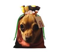 Burlap Santa Sack with Tags, Green Christmas Ribbon Holiday Gift Wrap Bag Reusable Drawstring Christmas Gift Bag Depressed Chihuahua Gift Wrapping Bags Personalized Xmas Sacks for Presents Medium