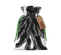 Burlap Santa Sack with Tags, Green Christmas Ribbon Holiday Gift Wrap Bag Reusable Drawstring Christmas Gift Bag Classic Black Octopus Gift Wrapping Bags Personalized Xmas Sacks for Presents Medium