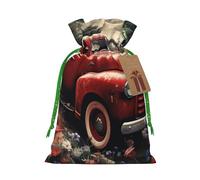 Burlap Santa Sack with Tags, Green Christmas Ribbon Holiday Gift Wrap Bag Reusable Drawstring Christmas Gift Bag 4th Of July Patriotic Old Red Truck Gift Wrapping Bags Personalized Xmas Sacks for