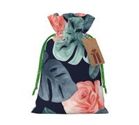 Burlap Santa Sack with Tags, Green Christmas Ribbon Holiday Gift Wrap Bag Reusable Drawstring Christmas Gift Bag Watercolor monstera pattern Gift Wrapping Bags Personalized Xmas Sacks for Presents