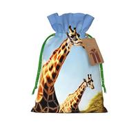 Burlap Santa Sack with Tags, Green Christmas Ribbon Holiday Gift Wrap Bag Reusable Drawstring Christmas Gift Bag Wild Giraffe Gift Wrapping Bags Personalized Xmas Sacks for Presents Medium