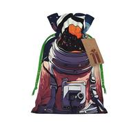 Burlap Santa Sack with Tags, Green Christmas Ribbon Holiday Gift Wrap Bag Reusable Drawstring Christmas Gift Bag Cool Man in Outer Space Galaxy Gift Wrapping Bags Personalized Xmas Sacks for Presents