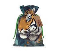 Burlap Santa Sack with Tags, Green Christmas Ribbon Holiday Gift Wrap Bag Reusable Drawstring Christmas Gift Bag Tropical tiger Gift Wrapping Bags Personalized Xmas Sacks for Presents Small