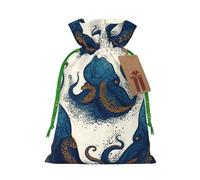 Burlap Santa Sack with Tags, Green Christmas Ribbon Holiday Gift Wrap Bag Reusable Drawstring Christmas Gift Bag Tentacles octopus Gift Wrapping Bags Personalized Xmas Sacks for Presents Medium
