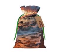 Burlap Santa Sack with Tags, Green Christmas Ribbon Holiday Gift Wrap Bag Reusable Drawstring Christmas Gift Bag Beach Maui Hawaii Sunset Sea Waves Clouds Gift Wrapping Bags Personalized Xmas Sacks