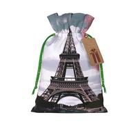 Burlap Santa Sack with Tags, Green Christmas Ribbon Holiday Gift Wrap Bag Reusable Drawstring Gift Bag Eiffel Tower Gift Wrapping Bags Personalized Christmas Sacks for Presents Medium