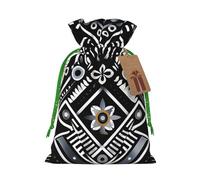 Burlap Santa Sack with Tags, Green Christmas Ribbon Holiday Gift Wrap Bag Reusable Drawstring Gift Bag Black White Pattern Gift Wrapping Bags Personalized Christmas Sacks for Presents Small