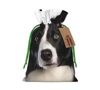 Burlap Santa Sack with Tags, Green Christmas Ribbon Holiday Gift Wrap Bag Reusable Drawstring Gift Bag Border Collie Gift Wrapping Bags Personalized Christmas Sacks for Presents Small