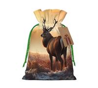 Burlap Santa Sack with Tags, Green Christmas Ribbon Holiday Gift Wrap Bag Reusable Drawstring Gift Bag Landscape Deer Gift Wrapping Bags Personalized Christmas Sacks for Presents Medium