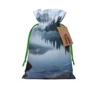 Burlap Santa Sack with Tags, Green Christmas Ribbon Holiday Gift Wrap Bag Reusable Drawstring Gift Bag Foggy Lake by Mount Rainier Gift Wrapping Bags Personalized Christmas Sacks for Presents Medium