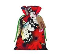 Burlap Santa Sack with Tags, Green Christmas Ribbon Holiday Gift Wrap Bag Reusable Drawstring Gift Bag Colorful Flowers Butterflies Gift Wrapping Bags Personalized Christmas Sacks for Presents Medium