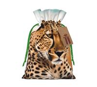 Burlap Santa Sack with Tags, Green Christmas Ribbon Holiday Gift Wrap Bag Reusable Drawstring Gift Bag Cheetah Waiting for an Opportunity Gift Wrapping Bags Personalized Christmas Sacks for Presents