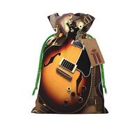 Burlap Santa Sack with Tags, Green Christmas Ribbon Holiday Gift Wrap Bag Reusable Drawstring Gift Bag Music Guitar Gift Wrapping Bags Personalized Christmas Sacks for Presents Small