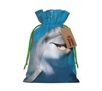 Burlap Santa Sack with Tags, Green Christmas Ribbon Holiday Gift Wrap Bag Reusable Drawstring Gift Bag Dolphin with a Smile Gift Wrapping Bags Personalized Christmas Sacks for Presents Medium