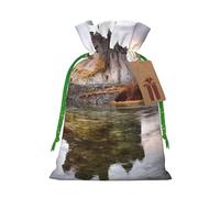 Burlap Santa Sack with Tags, Green Christmas Ribbon Holiday Gift Wrap Bag Reusable Drawstring Gift Bag Castle Near Lake Stones Gift Wrapping Bags Personalized Christmas Sacks for Presents Medium