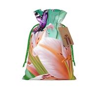 Burlap Santa Sack with Tags, Green Christmas Ribbon Holiday Gift Wrap Bag Reusable Drawstring Gift Bag Lilies and Butterfly Gift Wrapping Bags Personalized Christmas Sacks for Presents Small