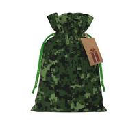 Burlap Santa Sack with Tags, Green Christmas Ribbon Holiday Gift Wrap Bag Reusable Drawstring Gift Bag Green Army Digital Camouflage Gift Wrapping Bags Personalized Christmas Sacks for Presents Small