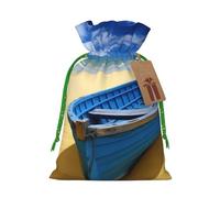 Burlap Santa Sack with Tags, Green Christmas Ribbon Holiday Gift Wrap Bag Reusable Drawstring Gift Bag Blue sky yellow beach boat Gift Wrapping Bags Personalized Christmas Sacks for Presents Medium