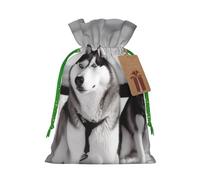 Burlap Santa Sack with Tags, Green Christmas Ribbon Holiday Gift Wrap Bag Reusable Drawstring Gift Bag Husky dogs snow Gift Wrapping Bags Personalized Christmas Sacks for Presents Small