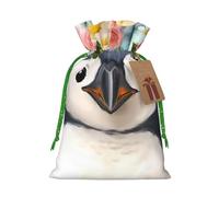 Burlap Santa Sack with Tags, Green Christmas Ribbon Holiday Gift Wrap Bag Reusable Drawstring Gift Bag Penguin Wearing Flowers Gift Wrapping Bags Personalized Christmas Sacks for Presents Small