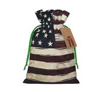 Burlap Santa Sack with Tags, Green Christmas Ribbon Holiday Gift Wrap Bag Reusable Drawstring Gift Bag American Flag Gift Wrapping Bags Personalized Christmas Sacks for Presents Small