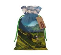 Burlap Santa Sack with Tags, Green Christmas Ribbon Holiday Gift Wrap Bag Reusable Drawstring Gift Bag Switzerland Alps Gift Wrapping Bags Personalized Christmas Sacks for Presents Small