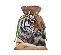 Burlap Santa Sack with Tags, Green Christmas Ribbon Holiday Gift Wrap Bag Reusable Drawstring Gift Bag Tiger Lying on Wood Gift Wrapping Bags Personalized Christmas Sacks for Presents Medium
