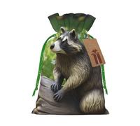 Burlap Santa Sack with Tags, Green Christmas Ribbon Holiday Gift Wrap Bag Reusable Drawstring Gift Bag Raccoon Statue Gift Wrapping Bags Personalized Christmas Sacks for Presents Medium
