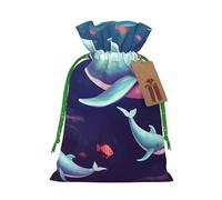 Burlap Santa Sack with Tags, Green Christmas Ribbon Holiday Gift Wrap Bag Reusable Drawstring Gift Bag Whale Gift Wrapping Bags Personalized Christmas Sacks for Presents Medium