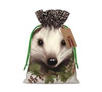 Burlap Santa Sack with Tags, Green Christmas Ribbon Holiday Gift Wrap Bag Reusable Drawstring Gift Bag Hedgehog in Floral Wreath Gift Wrapping Bags Personalized Christmas Sacks for Presents Small